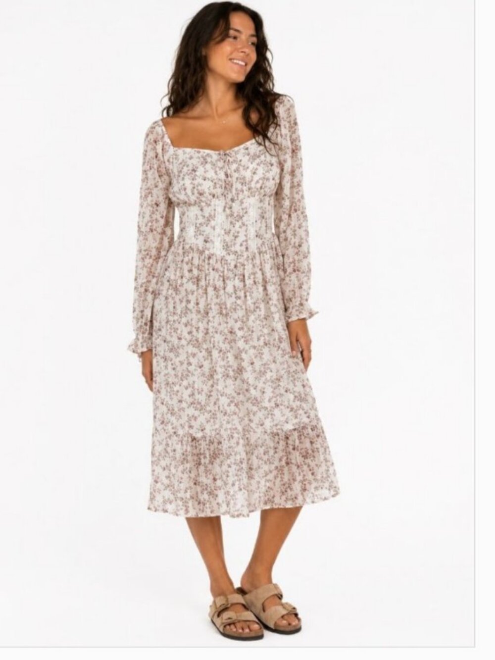 Celebrity Pink Cream Floral Square-Neck Midi Dress with Floral Print Size L